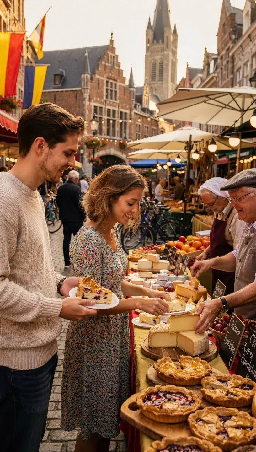 Een groep mensen die samen een culinaire tour maakt en typische Nederlandse gerechten proeft.